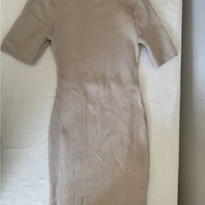 Beige Long Sleeve Ribbed Dress